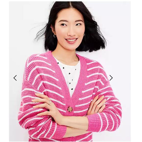 NWT LOFT Neon Pink and White Striped Relaxed V-Neck Cardigan - Picture 3 of 10